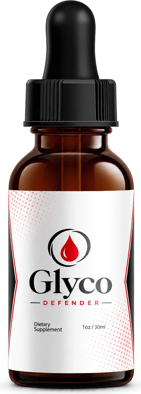 An amber Glyco Defender dropper bottle with a black dropper top: Glyco in black over DEFENDER in red, a red drop in a black ring, Dietary Supplement, 1oz / 30ml