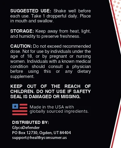 Left panel of the Glyco Defender label with suggested use, storage, caution, Made in the USA and distributor lines