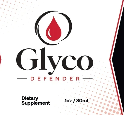 The front panel of the Glyco Defender label with the red drop in a black ring and the words Dietary Supplement and 1oz / 30ml