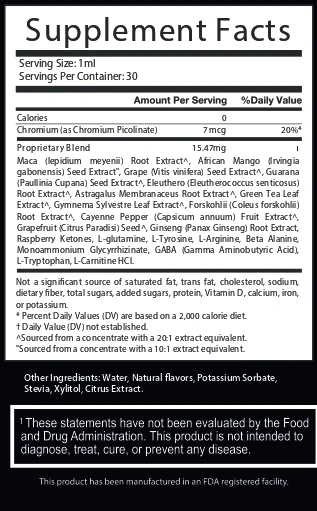 The Glyco Defender Supplement Facts panel: serving size 1 ml, 30 servings, chromium 7 mcg at 20% DV, proprietary blend 15.47 mg and other ingredients