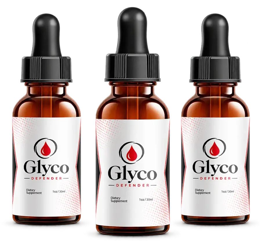 3 amber Glyco Defender dropper bottles with the white, red and black label