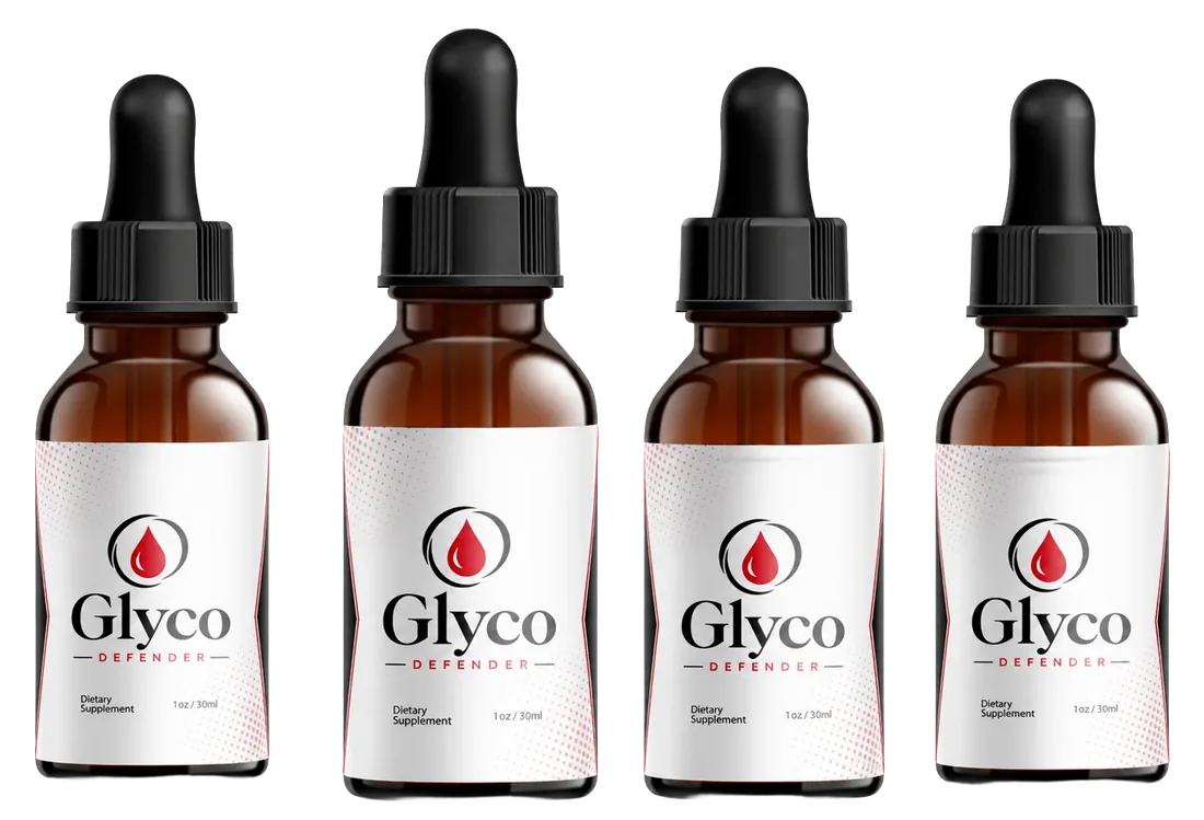 Four amber Glyco Defender dropper bottles in a row
