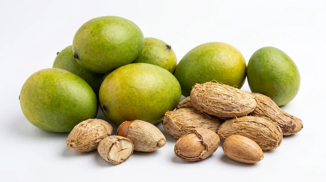 Green bush-mango fruits and tan seeds