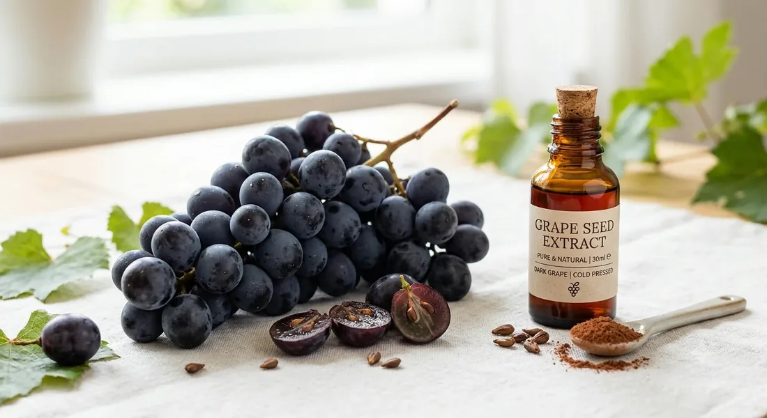 Dark grapes, a small prop bottle and a spoon of powder