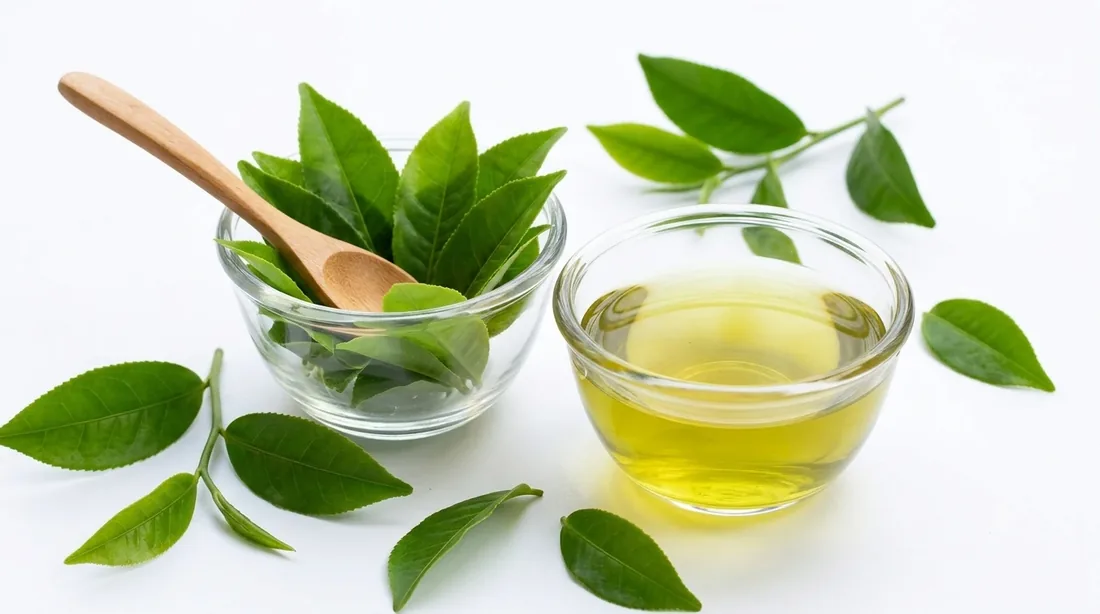 Green tea leaves and two glass bowls