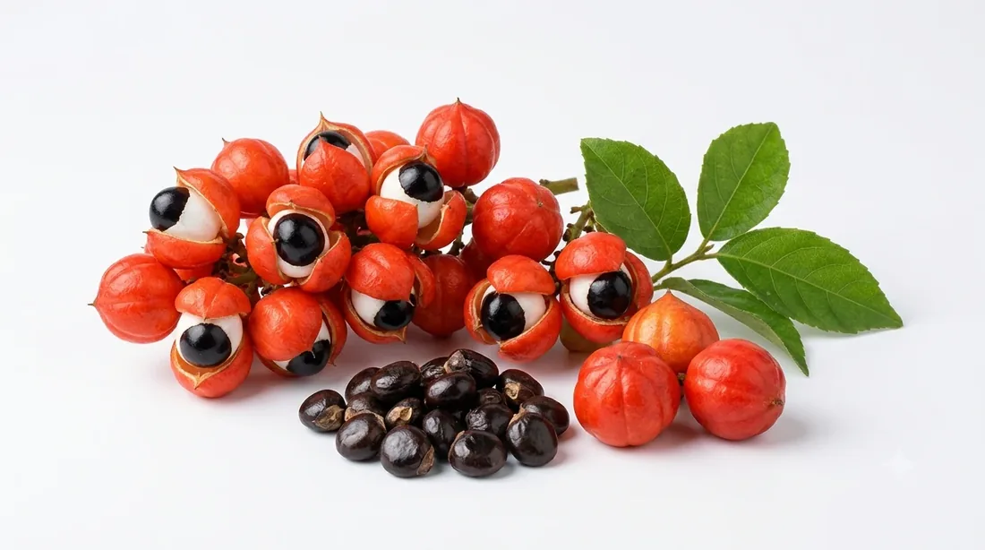 Red guarana fruits opening to show black seeds, with loose seeds