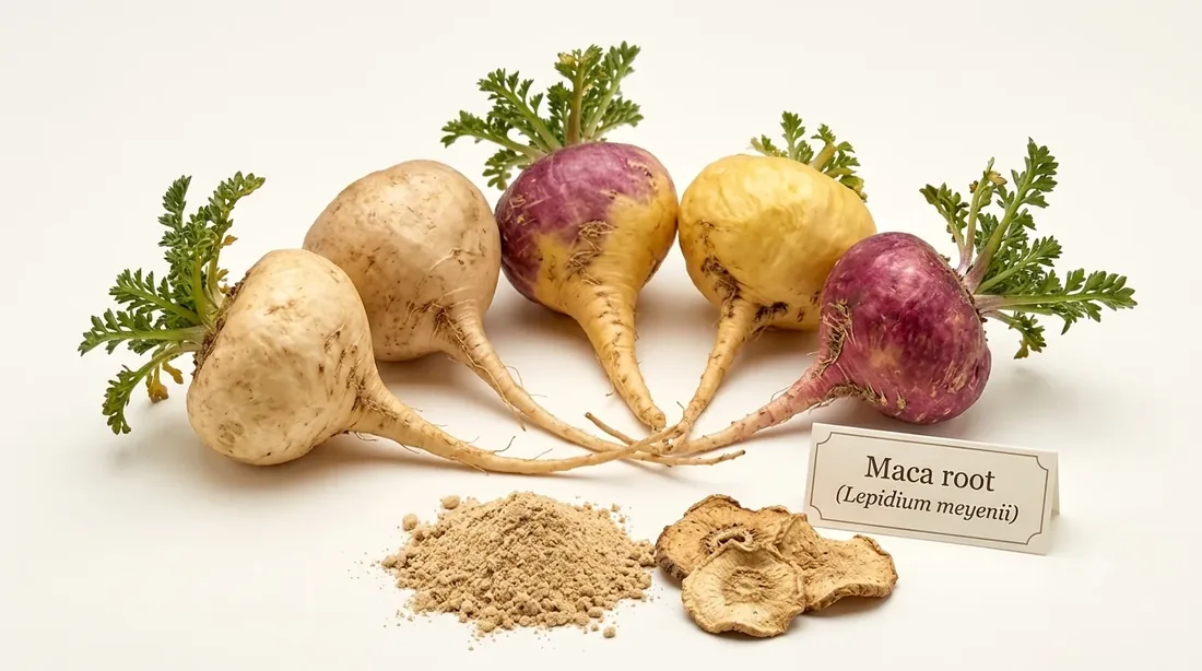 Maca roots, a name tag, powder and dried slices