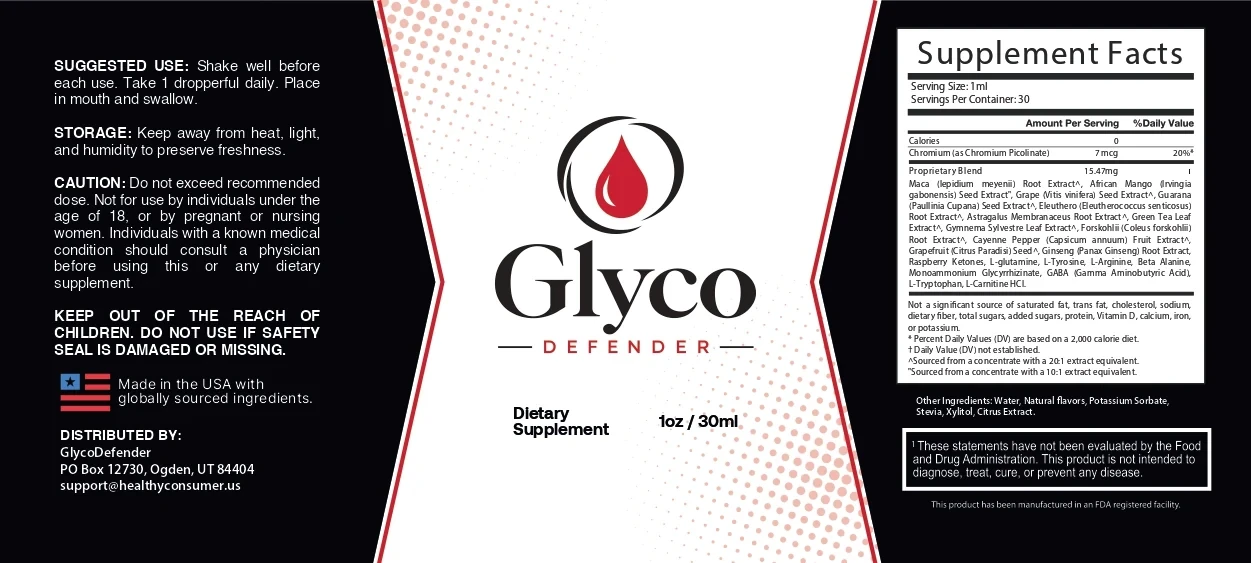 The flat Glyco Defender label: directions and cautions on a black panel at left, the Glyco DEFENDER logo with a red drop in the middle, the Supplement Facts panel at right